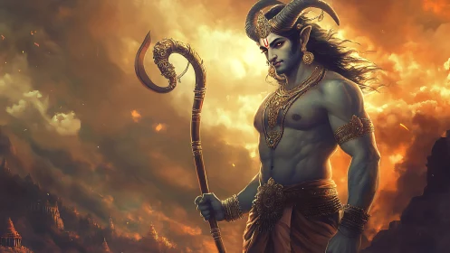 Horned mythic warrior with staff in fiery fantasy landscape.