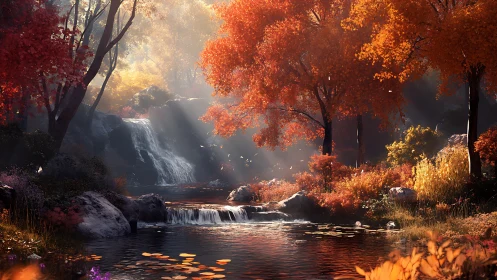 Sunlit autumn waterfall cradled in a glowing forest haven.