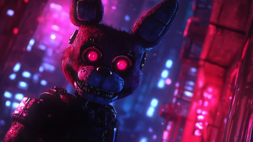 Cybernetic rabbit animatronic under neon city glow.