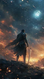 Lone armored warrior stands under fiery cosmic night sky.