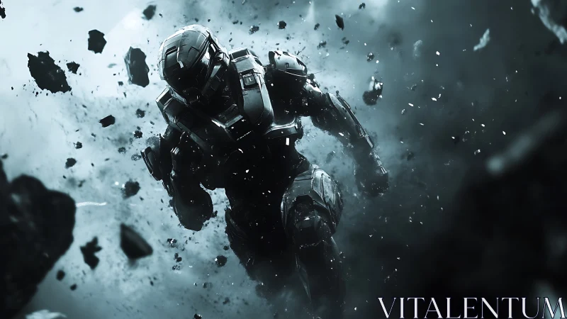 Armored space soldier strides through chaotic debris field