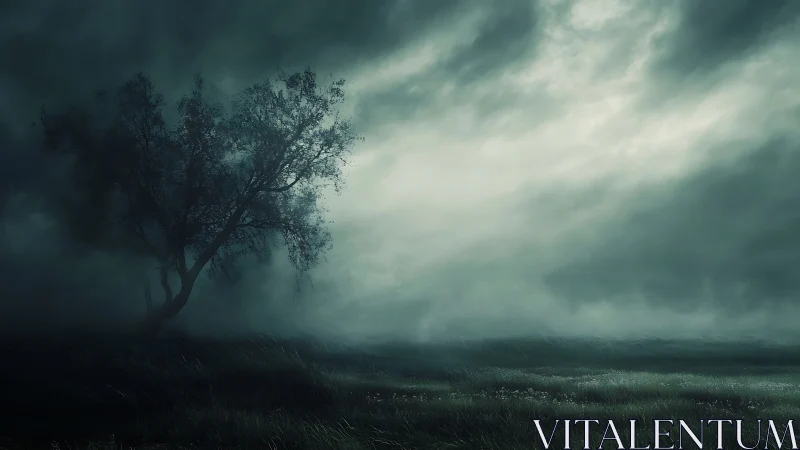 Lone tree leans beneath storm-laden skies at dusk.