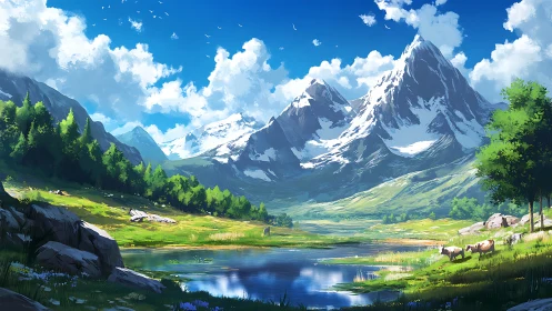 Snowcapped mountain range above reflective alpine meadow lake.