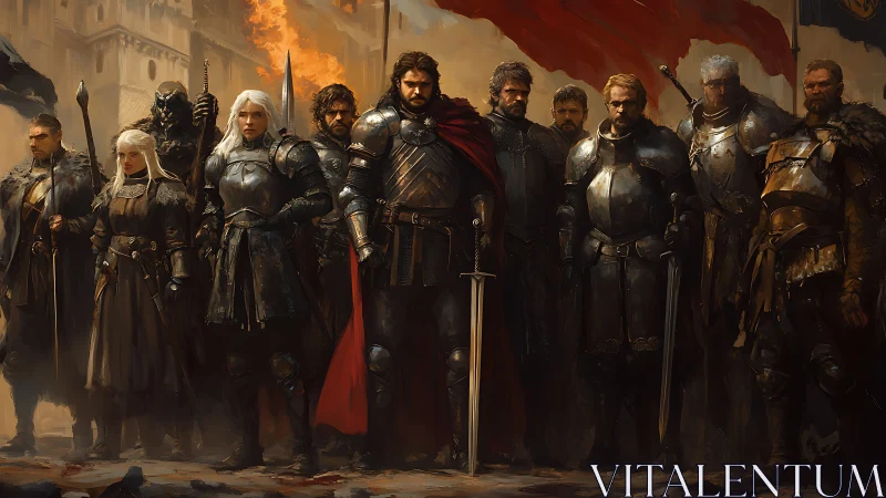 Battle-scarred knight brigade beneath burning war banners.