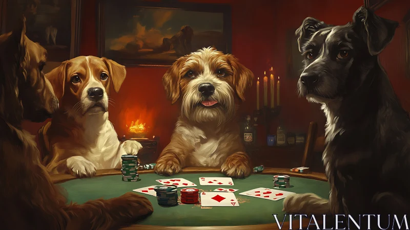 Digital painting of dogs playing poker at warm-lit round table.
