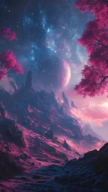 Alien ridge under nebula sky with magenta forests.