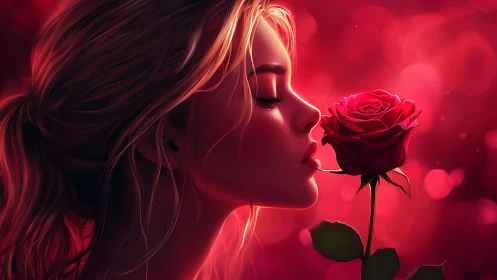 Luminous Reverie: Woman Embraces Crimson Rose in Neon Glow.
