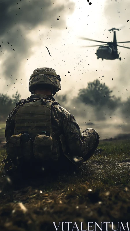 Lone soldier beneath stormed sky as rescue rotor roars on.
