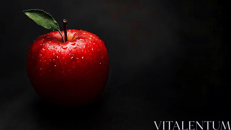 Red apple with water droplets on dark black background.