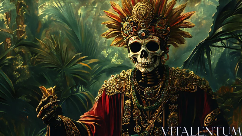 Regal skeletal figure in ornate attire within dense jungle.