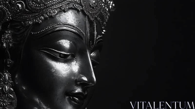 Silent silver goddess leans from darkness and quietly gleams