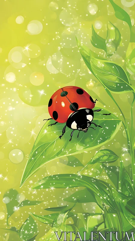Ladybug resting on bright green leaf in glowing garden.