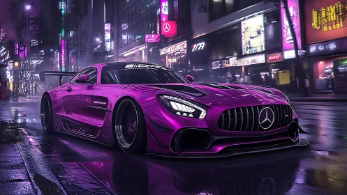 Neon purple supercar prowls a rainy cyberpunk city street