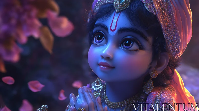 Child deity portrait in ornate attire under soft light.