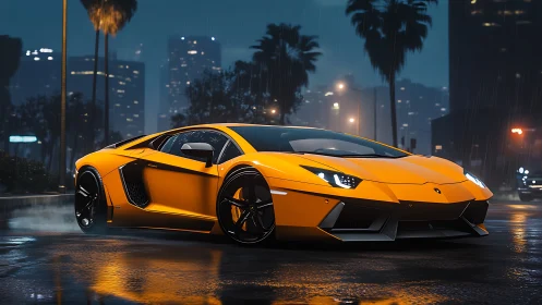 Midnight city streets welcome a bold orange supercar