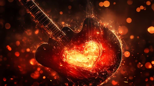 Electric guitar silhouette with central glowing heart core.