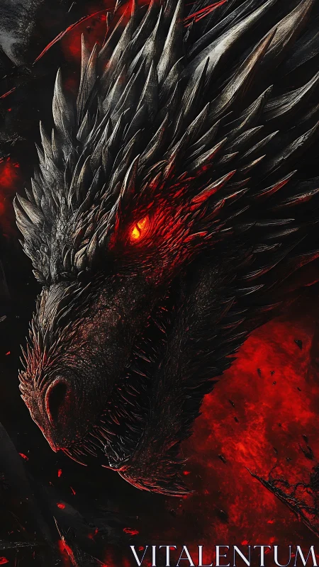 Dark spiked dragon head with glowing red eye in firestorm.