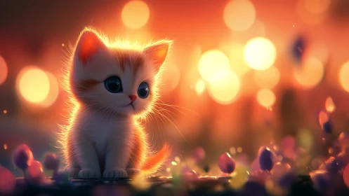 Luminous kitten surrounded by warm bokeh light.