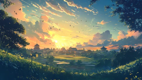 Sunlit rural town with pagodas under vivid sunset sky.