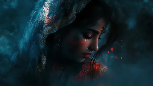 Veiled profile in ember-lit mist, contemplative portrait.
