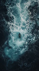 Solitary human figure suspended in turbulent ocean water.