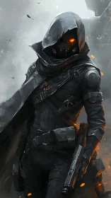 Hooded cyber assassin strides through embers and smoke