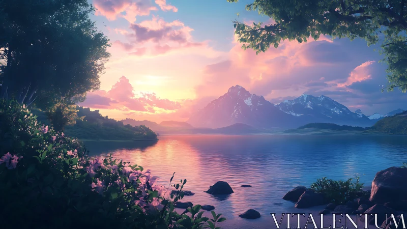 Sunset light illuminates a calm mountain lake landscape