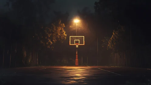 Outdoor basketball hoop under single streetlight at night.