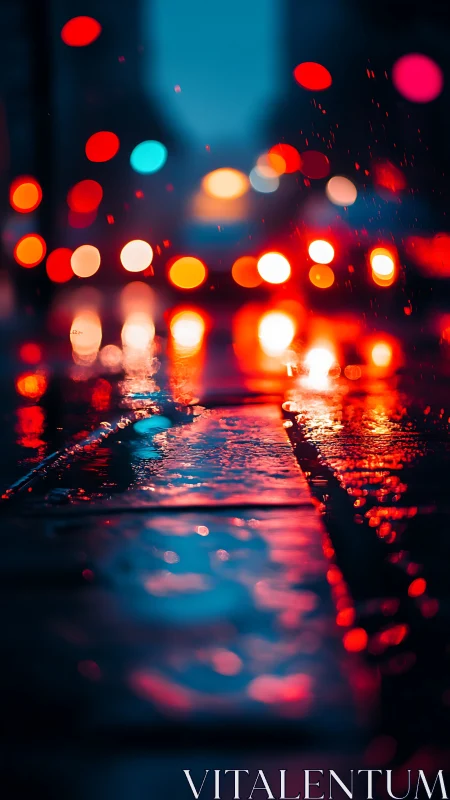 Rainy city street bokeh with colorful night reflections.