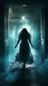 Backlit spectral silhouette in fog-dense corridor perspective.