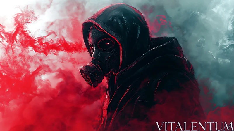 Hooded gas-mask figure in red and teal atmospheric digital painting.