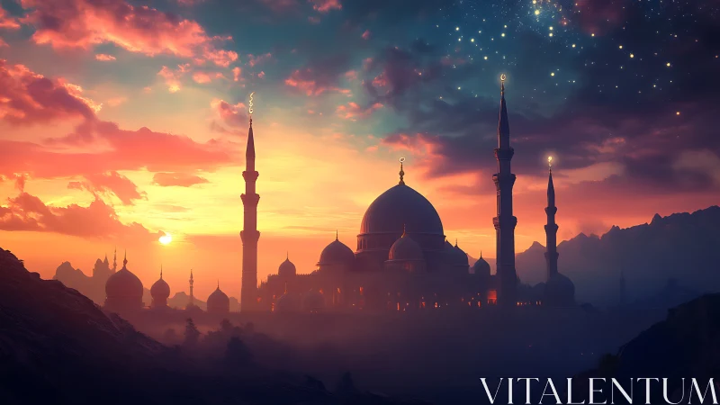 Star-kissed desert mosque beneath a singing twilight sky.