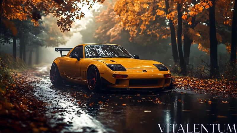 Yellow sports car on wet forest road in autumn rain.