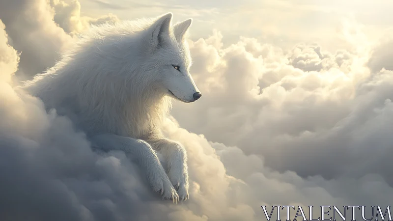Ethereal white wolf in luminous cloudscape, digital painting.