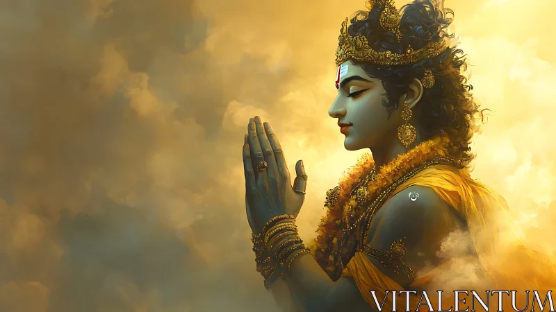 Divine blue-skinned deity in golden clouds, praying serenely.