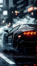 Midnight supercar cruises through rain-soaked city streets.