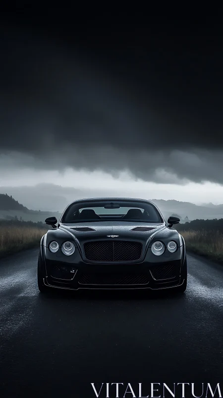 Photorealistic front-view sports coupe under storm horizon.