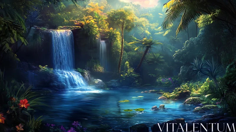 Sunlit jungle waterfall pool wrapped in lush green calm.