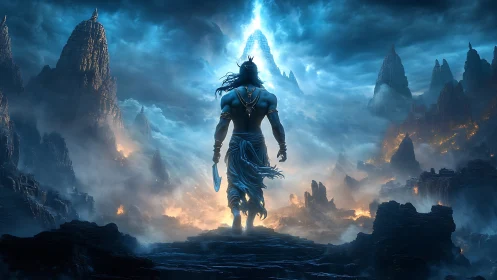 Storm-limned warrior strides into a sky-split mountain dawn