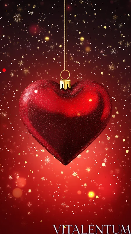 Red heart ornament hanging on festive red background.