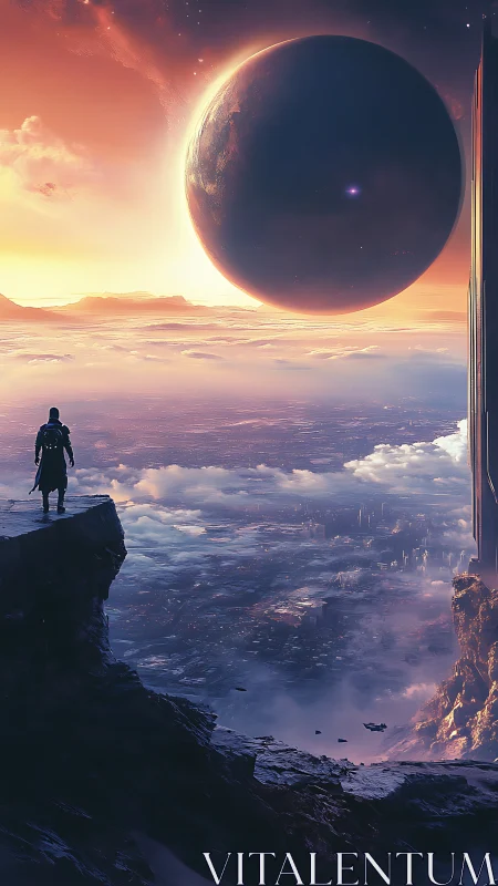 Lone figure watching giant planet over futuristic world.
