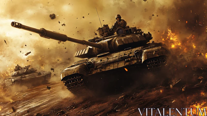 Main battle tank advancing through explosive battlefield scene.