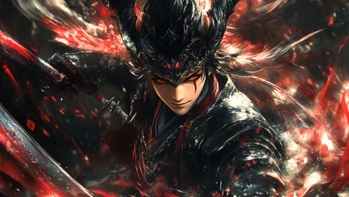 Dynamic demonic swordsman with motion-blurred energy trails and glowing eyes