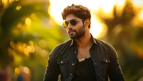 Stylish bearded man in sunglasses walks at golden sunset.