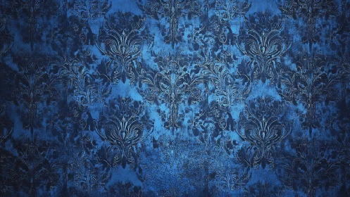 Blue ornamental damask pattern with textured surface.