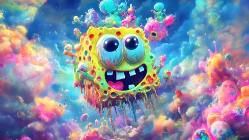 Neon sponge creature floats through explosive candy nebula.