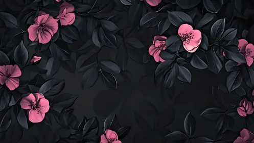 Pink Blooms on Dark Foliage: Botanical Digital Composition.