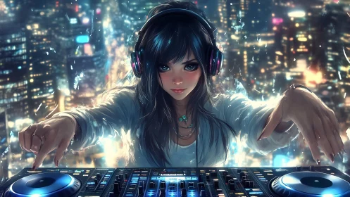 Neon city DJ girl controls glowing mixer under rain night