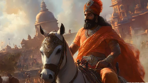 Regal cavalry commander in jeweled harness before sandstone citadel.