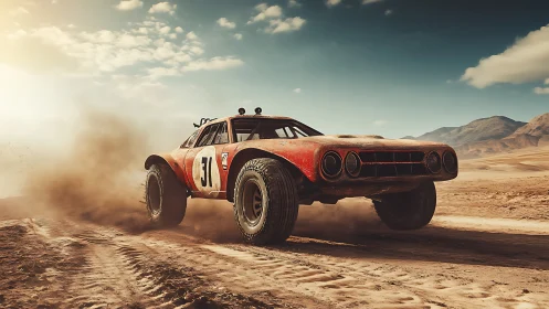 Photorealistic desert rally car in dynamic dust trail composition.